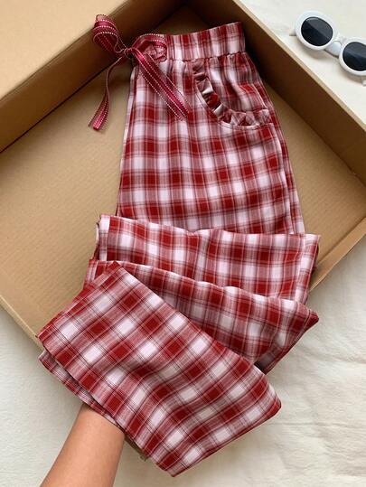Comfortcana Women's Casual Everyday Plaid Bow Decor Pants