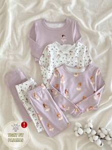 SHEIN Vintaside Kids 6件套女童修身套装，简约时尚，碎花长袖，柔软舒适，3套可爱清新家居服 - 淡紫色 - 查看 4