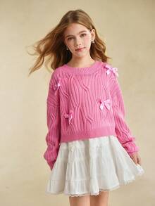 Soft Pink Cute Autumn Party School Girls' Knitted Sweater, Crew Neck Short Style 3D Bow Decor, Versatile For Casual Fairy Outings, Photography - Hot Pink - View 4