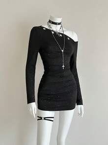 EgrlEra Vestido mini asimétrico con ojales de metal de moda para fiesta - Negro - Ver 3