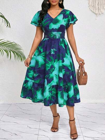 SHEIN Lady فستان متوسط الطول مزخرف بالزهور مع أكمام مكشكشة وخصر قابل للربط، مناسب للعطلات