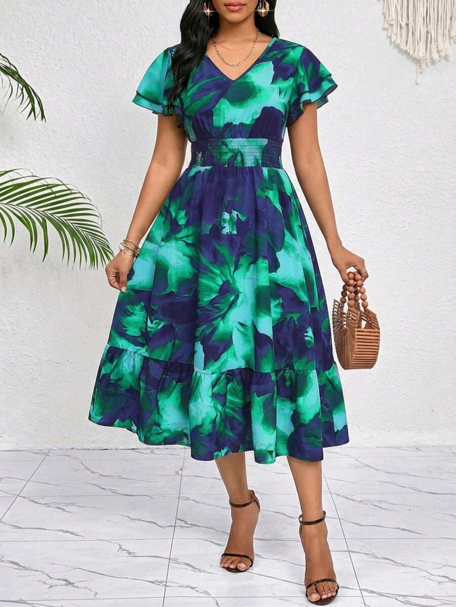 SHEIN Lady 女士印花褶皱荷叶袖抽绳腰中长连衣裙,度假款 - 彩色 - 查看 1