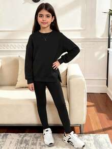 1 Set Tween-Mädchen Drop-Shoulder lässiges, locker geschnittenes Hoodie und enge Leggings Outfit, Schwarz/Dunkelfarben, stilvolle Herbst/Winter Kleidung - Schwarz - Übersicht 6