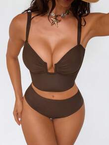 Shapewave 女士棕色提臀收腹露背抽绳性感修身吊带比基尼上衣 - 棕色 - 查看 8