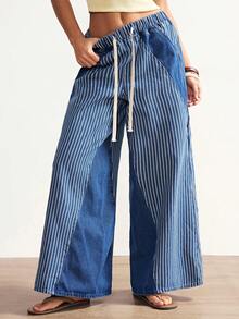 Bohemela 女士休闲宽松阔腿裤，条纹拼接设计 - 深色水洗藍 - 查看 2