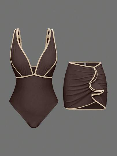 Swim Oasis Women's Coffee & Apricot Color Block Wide Strap Tankini Top & High Cut Ruched Hem Skirt Swimsuit Set