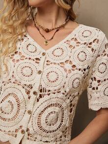 Freevana 大码女式度假休闲钩针针织毛衣 - 杏色 - 查看 7