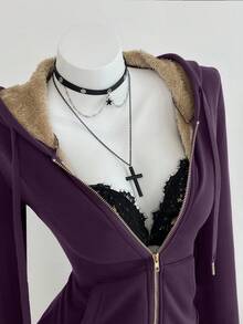 Elamini 女士修身复古风针织弹力连帽保暖长袖口袋卫衣 - 紫色 - 查看 6