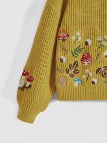 ROMWE Fairycore 女士休闲度假风植物刺绣落肩宽松套头毛衣，秋冬款 - 黃色 - 查看 2