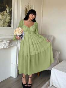 Lyrianda 新款优雅雪纺纹理波点蝴蝶结装饰胸罩杯长袖A字连衣裙，收腰显瘦荷叶边连衣裙 - 橄欖綠 - 查看 3