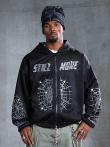ROMWE MEN Street Life Men's Dropped Shoulder Casual Spider Web Zip-Up Hoodie Sweatshirt - Black - View 7