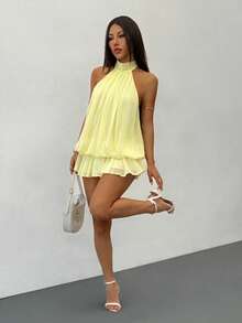 SHEIN PETITE Váy ngắn buộc dây màu vàng nhạt thanh lịch dành cho nữ, phù hợp cho tiệc tùng, hẹn hò, thu/đông, xuân/hè - Màu vàng - Xem 1