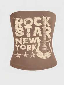 Glimmora Summer Fashion Retro Guitar Letter Print Tube Top - Multicolor - View 3