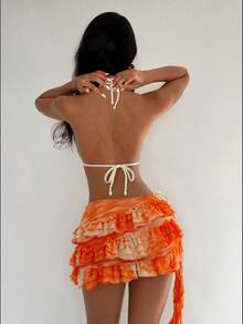 Swim Glamine 女士扎染荷叶边露背性感比基尼三件套，沙滩度假 - 彩色 - 查看 2