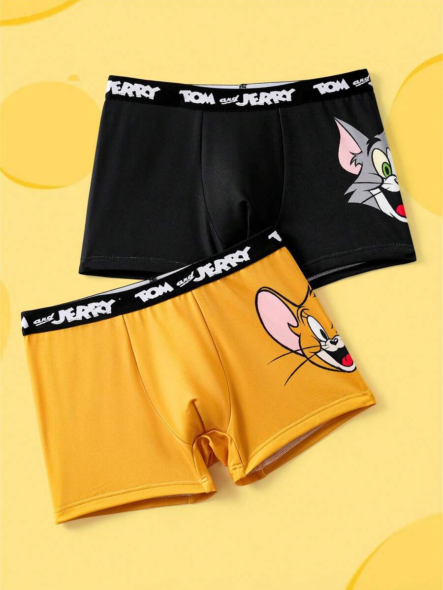 TOM & JERRY X SHEIN Tween Boy 2pcs Cute Cartoon Graphic Contrast Letter Tape Waist Comfortable Trunks - Black - View 1