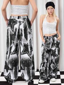 Y2Kool Umamao Estudio 女士冬季黑白辣妹时尚扎染星形印花Y2K阔腿裤图案裤降落伞裤星形裤Y2K裤搭配灵感时尚服装系列新年穿搭图案牛仔裤Emo裤辣妹 - 黑色 - 查看 6