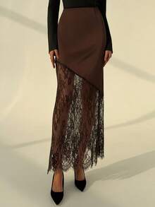 Aloruh 秋冬新款浪漫约会棕色缎面撞色蕾丝A字裙，情人节女士穿搭 - 棕色 - 查看 2