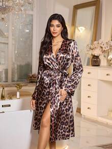 SHEIN Faux Silk All-Over Leopard Print Trim Loungewear Robe - Brown - View 4