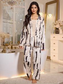 LuxeNights 3pcs Women's Comfortable & Fashionable Gold Velvet Pajama Set - Black and White - View 3
