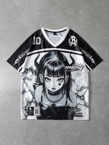 ROMWE MEN Anime Men's V-Neck Short Sleeve T-Shirt, Black & White Angel Girl Print + Number 10 Element Print, Essential Streetwear Casual Top - Multicolor - View 1