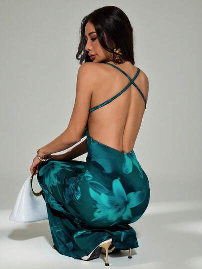 SHEIN PETITE Women's Plunging Neckline Backless Vacation Floral Print Dress Teal