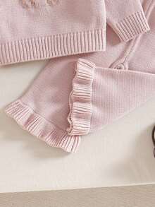 2件套女婴荷叶边领小鹿提花毛衣上衣+时尚阔腿裤套装，秋冬季两件套，幼儿两件套亲子装，女婴冬季两件套针织套装，秋冬季女婴套装，棕色女婴针织两件套，女婴棕色套装，针织套装 - 粉色 - 查看 4