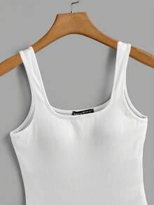 SHEIN Comfortcana Bộ đồ liền thân đơn giản màu trơn có đệm ngực cho nữ, mùa hè - trắng - Xem 3