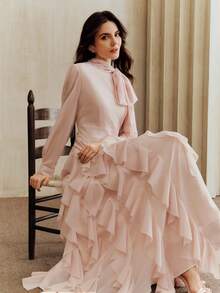 Anewsta Women's Elegant Dress With Oblique Bow Collar, Rhinestone Tassel, Waist Cinched, Flared Hem, Ruffle Trim, Pink Dress, Graceful And Stylish For Gatherings - Pink - View 5