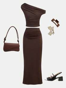 SHEIN Tween Girls' Casual Oblique Shoulder Short Sleeve Fitted T-Shirt Set