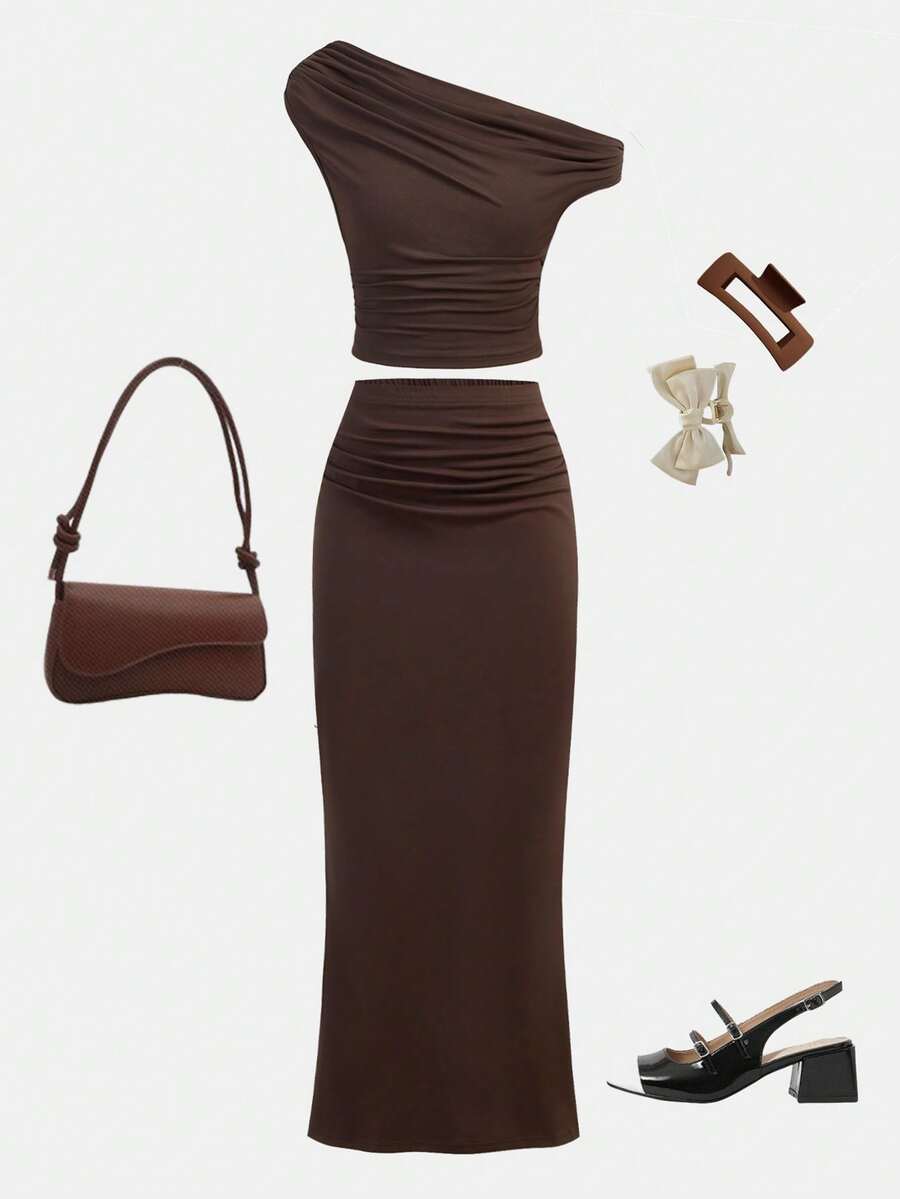 SHEIN Tween Girls' Casual Oblique Shoulder Short Sleeve Fitted T-Shirt Set