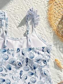 SHEIN 1pc Teen GirlOne-Piece Swimsuit With Ocean Element Pattern, Flounce Strap Design 2-Piece Set With Mesh Skirt, Suitable For Vacation And Summer, Unlocking Summer Fashion Teen Girl Soft PeachGirls Two Piece Set Summer Beachwear For Tweens Two Piece Set Teen Girl Matching Bathing Suits One Piece Bathing Suit Swim Dress Bathing Suits For Girls Blue Wavy Seashell Decor One-Piece Swimsuit And Sarong Skirt Set, Gentle Beach Vibe Seashell Bathing Suit Bathingsuit Modest Bathing Suit Teen Bathing Suit Sea Shells Seashell One Piece Seashell Print One Piece One Piece Bathing Suits For Teens One Piece Swimsuit Bathing Suit Set Girls Hawaiian Short Sets - Multicolor - View 5