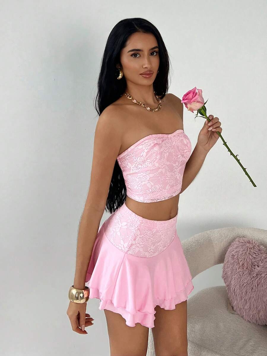 SHEIN TRNDY Women's Valentine's Day Pink Lace Bandeau Top And Ruffle Hem Mini Skirt 2 Pieces Set