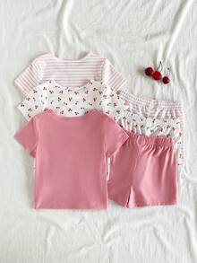 SHEIN Vintaside Kids 6件套女婴新生儿幼儿0-3岁春夏新款可爱兔子纯色条纹T恤短裤套装 - 粉色 - 查看 2