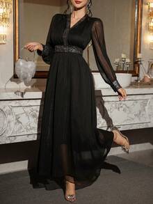 DAZY Đầm dạ hội dài tay cổ chữ V xếp ly, đính sequin, phối nhiều mảnh, dành cho nữ, thích hợp cho mùa xuân/thu, năm mới hoặc lễ hội. - màu đen - Xem 5