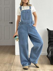 SHEIN Pocket Front Button Side Denim Overalls - Medium Wash - View 5