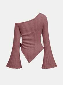 SHEIN Tween Girl Pink Drawstring Asymmetric Hem Flared Sleeve T-Shirt,Off Shoulder T-Shirt,Fall Clothes,Halloween Clothes,Comfortable T-Shirt,Back To School Season, Christmas - Pink - View 3