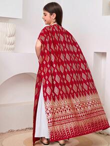 SHEIN Tween Girl Gold Foil Print Round Neck Dress - White - View 7