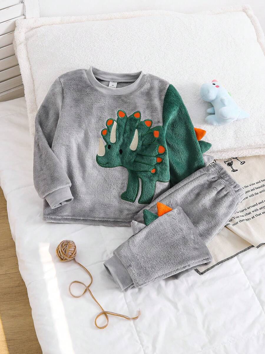 Young Boys Dinosaur Fleece Loungewear Set - Gray Green Dinosaur Fleece Loungewear 2-Piece Combo 3D Dinosaur Pattern Design Gray Green Orange 3D Dinosaur Color Round Neck Long Sleeve Dinosaur Top Fleece Pants Fleece Set 2-Piece Combo Social Media Style Cute 2026 New Year Holiday Essential Autumn Winter Little Boys Dinosaur Fleece Loungewear Set - Grey - View 1