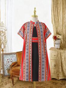 Bohemian Style Geometric Print Shawl & Dress Set, Comfortable Casual Holiday/Festival Outfit For Young Girls Kids Arabic Dress - Black - View 7