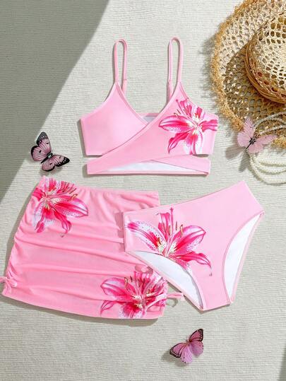 SHEIN Tween Girls Bikini Sets,This 3-Piece Floral Print Bikini Set For Older Girls Features A Beach Skirt And Mesh Skirt Design, Perfect For Vacation, Retro, Beach, And Ocean-Themed Styles. Elegant And Cute, It's Ideal For Summer Holidays. Summer Vacation Thermal Christmas Holiday Festival New Years Valentines Swim Tween Girls Printed Swimwear Summer Two Piece Set Teens 2pcs Tween Girls Printed Swimwear Summer Two Piece Set Teens Swim Suit  Pink Swimsuit 3 Piece Flower Pink Flower Swim Suit High Waist Swimsuit Set 2pcs Girls Printed Swimwear