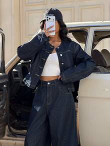 Muchica Women's Round Neck Drop Shoulder Long Sleeve Casual Front Button Fashionable Versatile Denim Jacket - Navy Blue - View 7