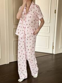 SHEIN Napfluff 樱桃印花翻领短袖睡衣套装 - 粉色 - 查看 5