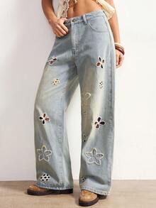 Bohemela 女士时尚水洗镂空口袋宽松裤