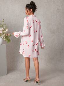 Momance 孕妇优雅浪漫心形蝴蝶结印花连衣裙，春秋季 - 粉色 - 查看 5