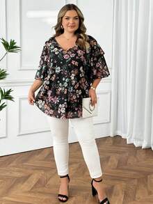 SHEIN CURVE+ Áo cánh rộng tay bèo cổ chữ V cỡ lớn cho nữ, áo nghỉ mát mùa xuân/hè/2026/năm mới - Nhiều màu - Xem 6