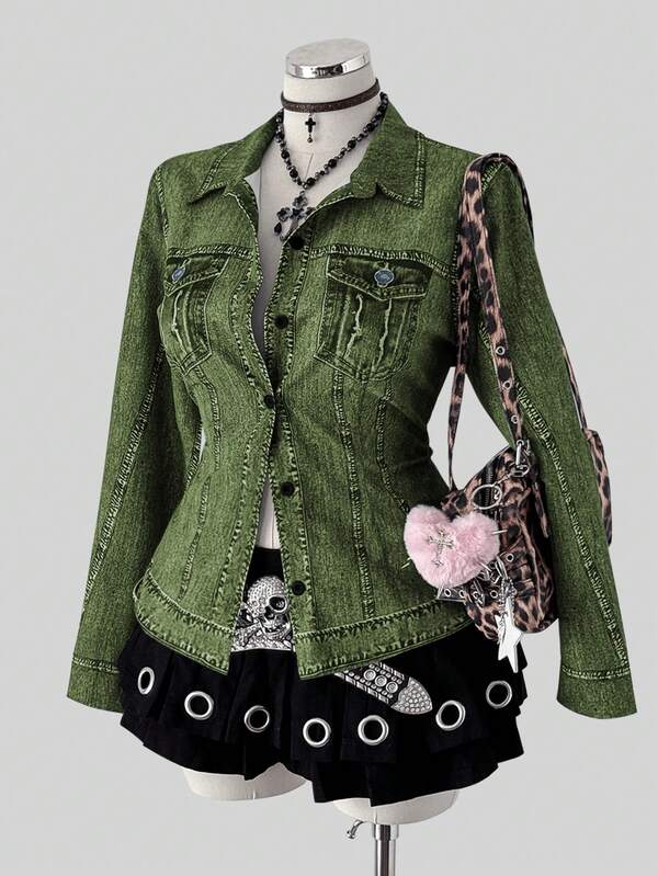 Sunspun Plus Size Autumn/Winter Open Front Denim Effect Print Fake Pocket Long Sleeve Elegant Retro Casual Slim Fit Shirt