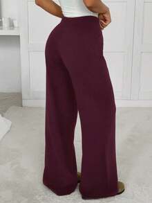 SHEIN EZwear 女士纯色简约毛衣裤套装，休闲日常穿着 - 酒紅色 - 查看 2