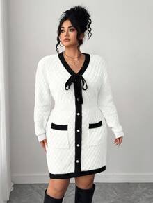 Elenzga Plus Size Women Colorblock Knitted Tie Front Elegant Sweater Dress, Autumn/Winter - White - View 4