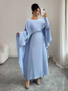 Rafferiza Women's Elegant Solid Color Faux Pearl Trim Cloak Shawl Style Maxi Dress, Muslim Abaya, Baby Blue, Suitable For Wedding Guests, Formal Occasions, Gentle And Graceful Style Elegant Women's Long Blue Fabric Dress With Asymmetrical Cloak Sleeves And Shining Pearl Detail Scoop Neck - Blue - View 5