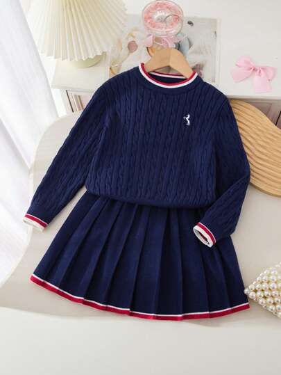 Souflis Souflis Embroidered Elegant Knit Dress Suit, Versatile For Home, Outings, And Gatherings Kids Pleated Skirt Sets Girls Navy Blue School Dress Long Sleeve Girls Sweater Dress Girls School Clothes Young Girls Sets Autumn And Winter Young Girls Dressse Girls Navy Blue School Long Sleeve Girls Sweater And Skirt Set Girls School Clothes Sets Girls Autumn Winter Dress Girls Navy Blue School Long Sleeve Dress